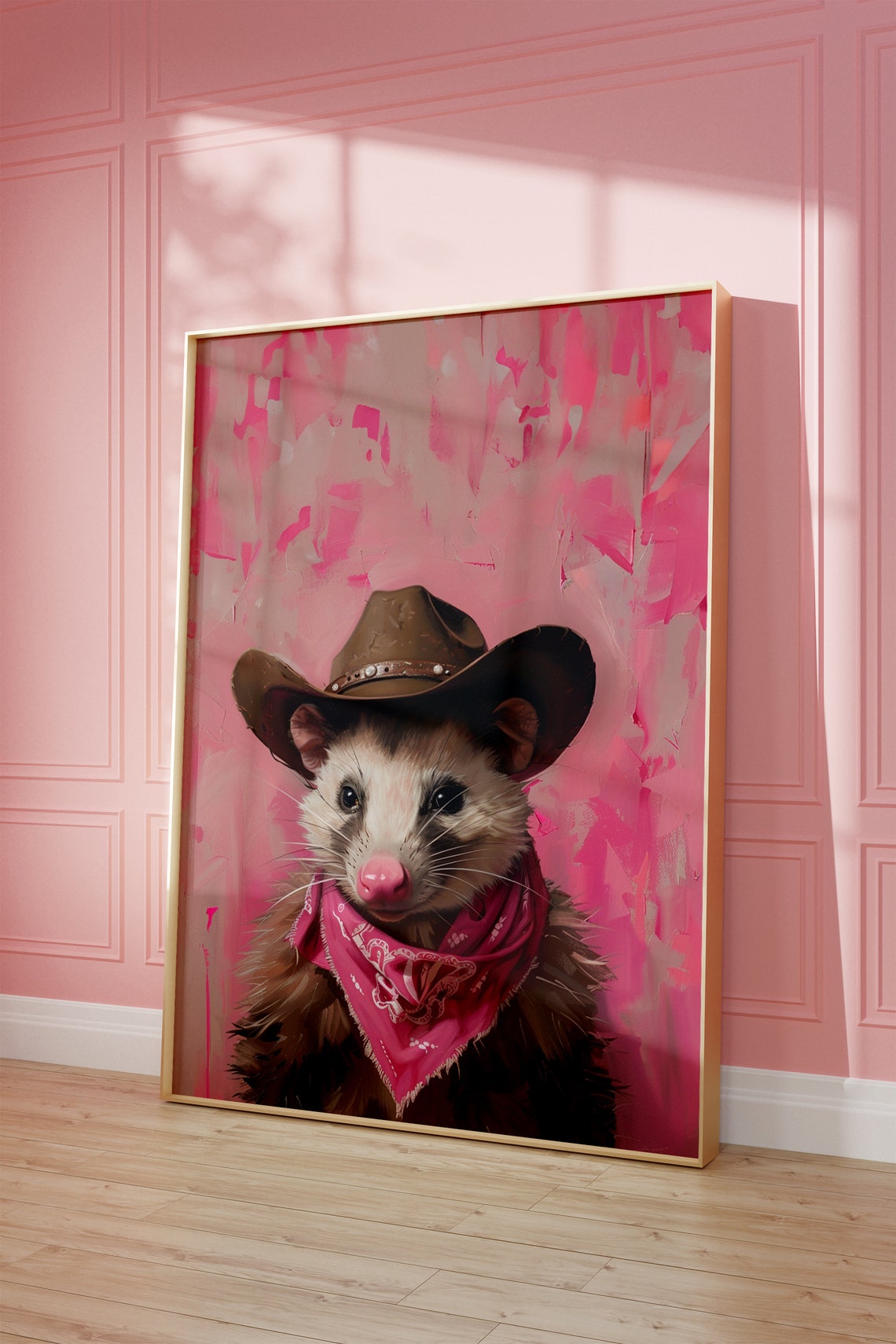 Cute Opossum in Cowboy Hat Pink Western Pet Portrait Art Poster