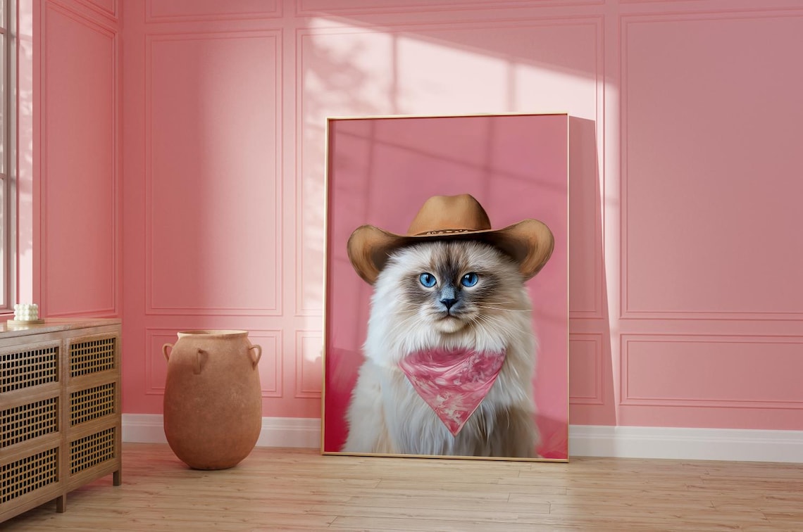 Ragdoll Cat Cowgirl Hat Funky Western Art Print