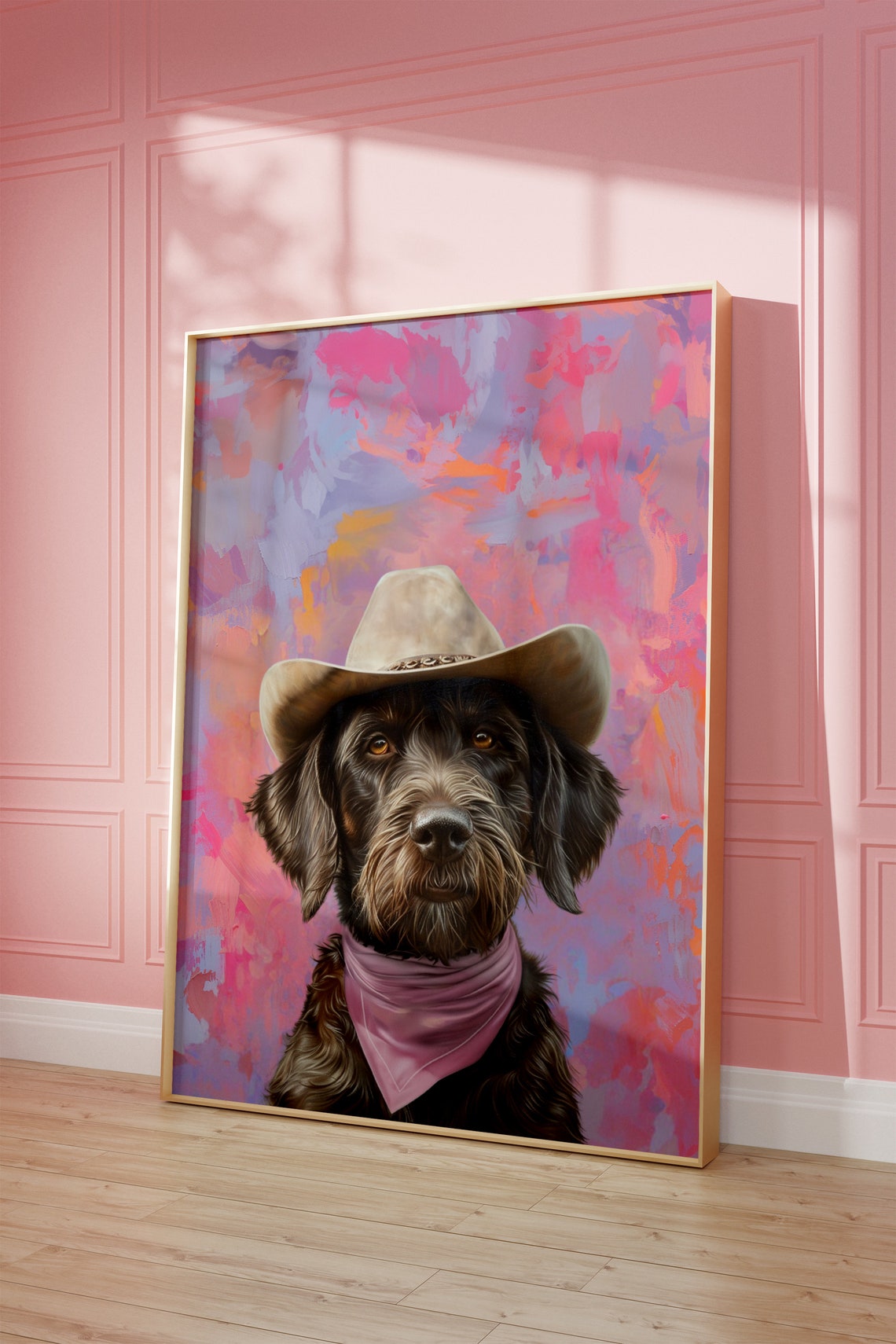 Scruffy Black Dog Cowboy Hat Portrait Pink Abstract Art Poster