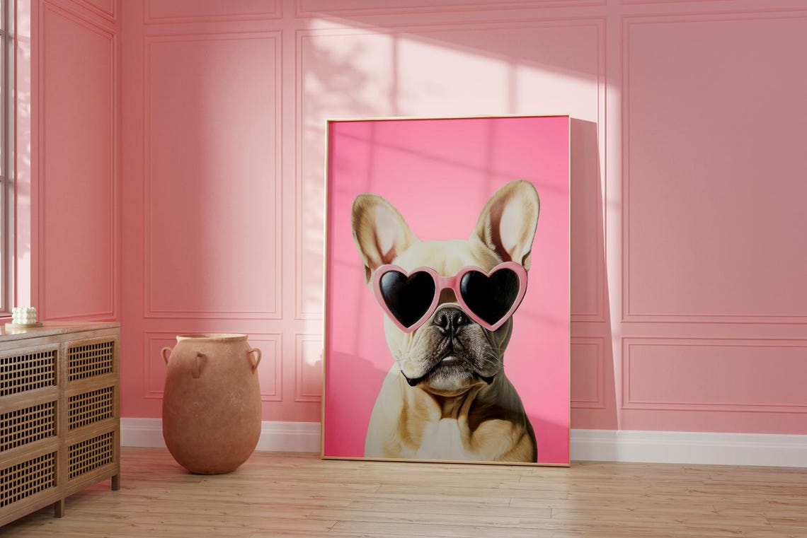 Pink Frenchie Print Funky Poster Preppy Art French Bull Dog Cute Pink Decor Dog Print Kids Room Frenchie Dog Print - Image 2
