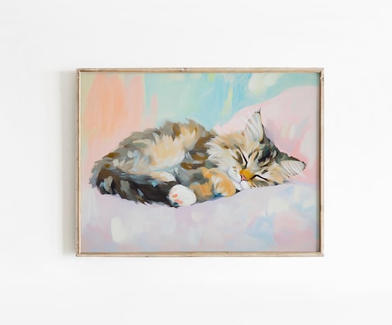 Pastel Sleeping Long Haired Kitten Painting Cute Preppy Bedroom Poster