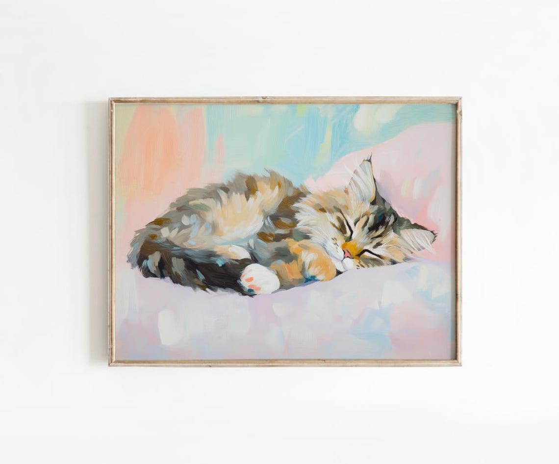 Pastel Sleeping Long Haired Kitten Painting Cute Preppy Bedroom Poster