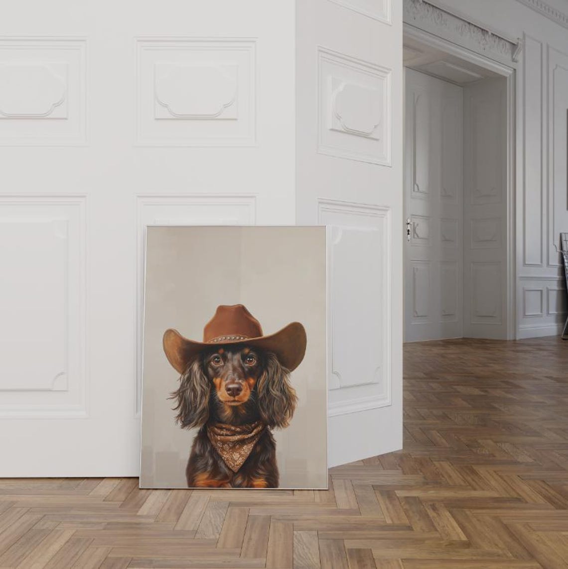 Longhaired Dachshund in Cowboy Hat Neutral Rustic Western Dog Poster