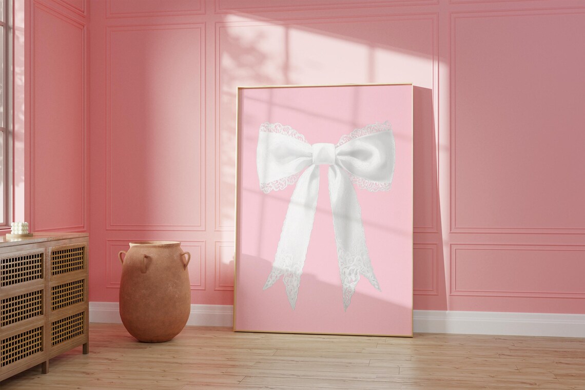 White Lace Bow Pink Background Coquette Balletcore Nursery Poster - Image 2