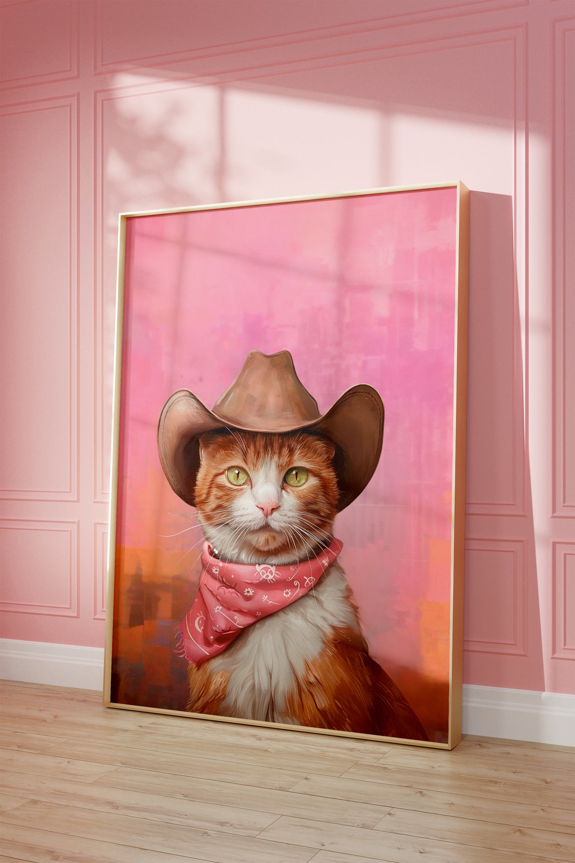 Orange Cat Cowgirl Hat Print Pink Print Vintage Art Western Girly Trendy Wall Art Cat Print Cowgirl Hat Print Funky Western Art - Image 2