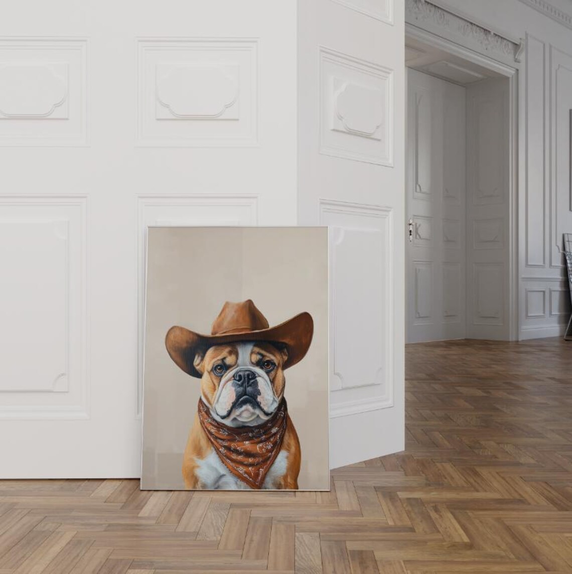 English Bulldog Cowboy Hat Bandana Funny Western Dog Portrait Poster