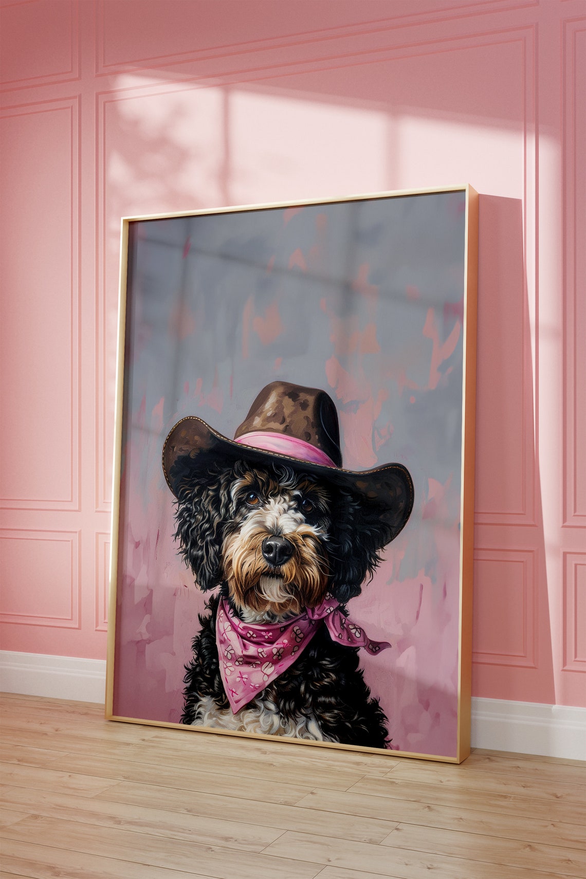 Curly Black Doodle Dog Cowboy Hat with Pink Bandana Poster Art - Image 2