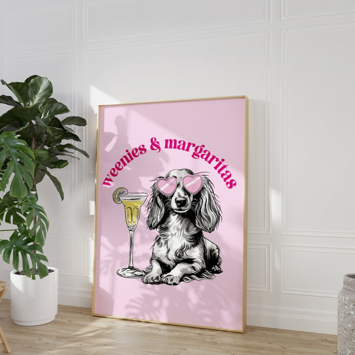 Pink Dachshund Print Funky Poster Preppy Art Dachshund Dog Bar Cart Margarita Decor Dog Print Weiner Dog Print
