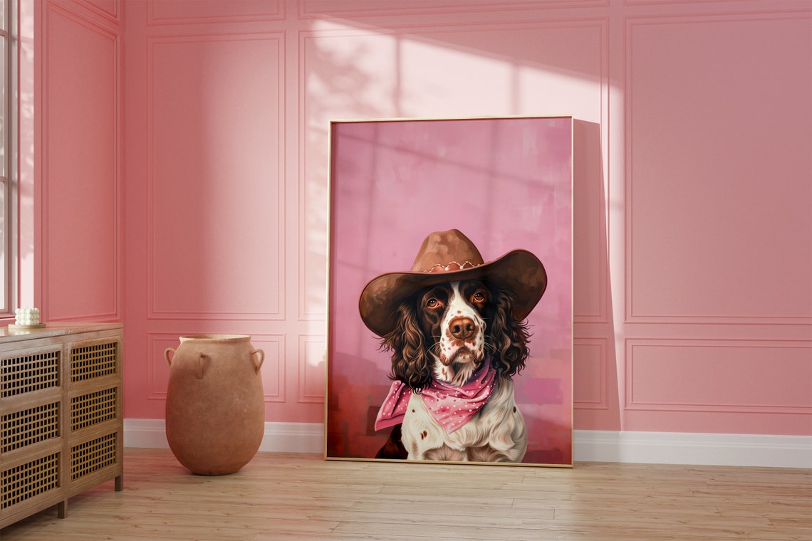 Dog Cowgirl Hat Print Pink Print Vintage Art Western Girly Preppy Trendy Wall Art Puppy Print Cowgirl Hat Print Funky Western Art