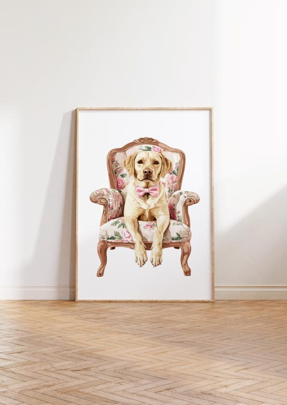 Yellow Labrador Floral Armchair Pink Bow Tie Preppy Dog Poster