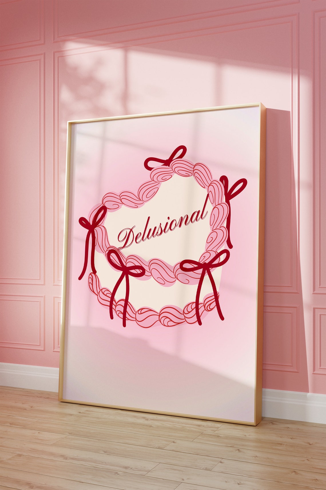 Delusional Script Pink Cake with Red Bows Funny Quote Poster