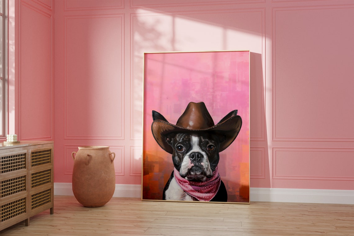 Boston Terrier in Cowboy Hat Pink Western Pet Portrait Art Poster