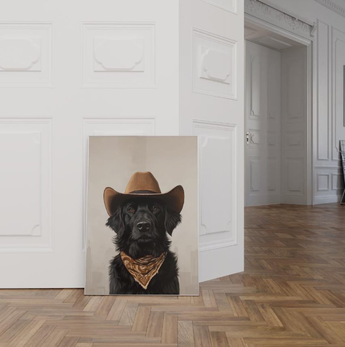 Black Labrador in Cowboy Hat Neutral Rustic Western Art Poster