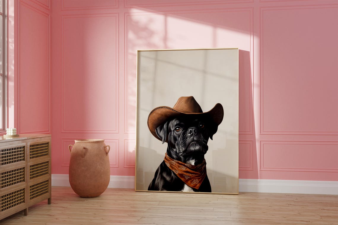 Dog Cowgirl Hat Print Boxer Dog Neutral Aesthetic Print Vintage Art Western Trendy Wall Art Cowgirl Hat Print Funky Western Art - Image 2