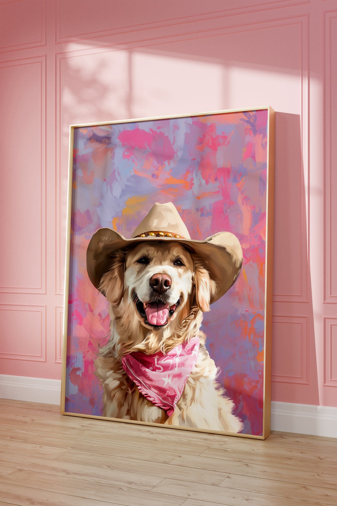 Dog Cowgirl Hat Print Pink Print Vintage Art Western Girly Preppy Trendy Wall Art Puppy Print Cowgirl Hat Print Funky Western Art - Image 2