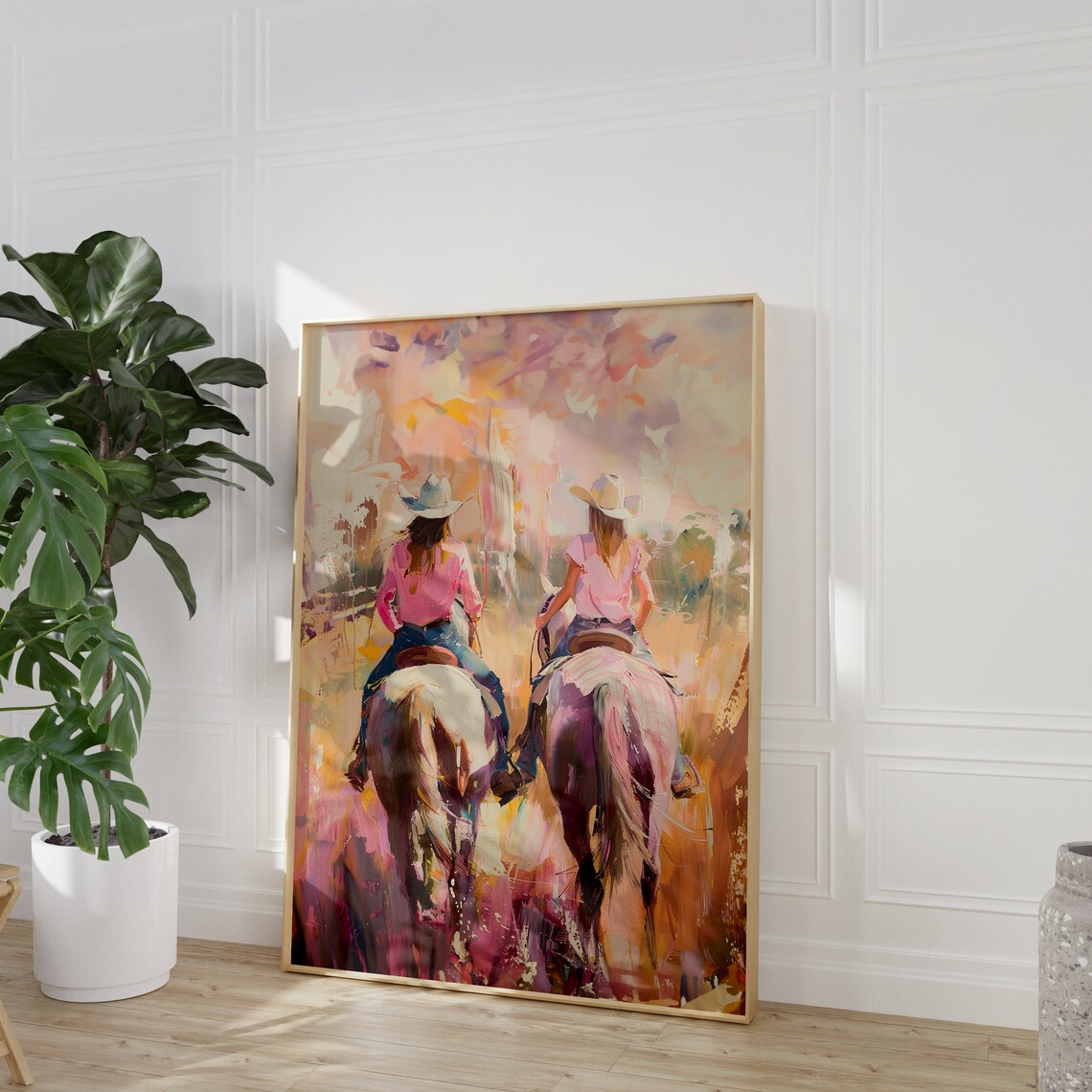 Pastel Cowgirls Riding Horses Abstract Western Pink Painting Poster - Image 2