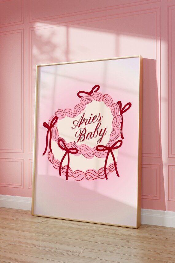 Aries Baby Zodiac Cake With Red Ribbon Bows Pink Birthday Poster
