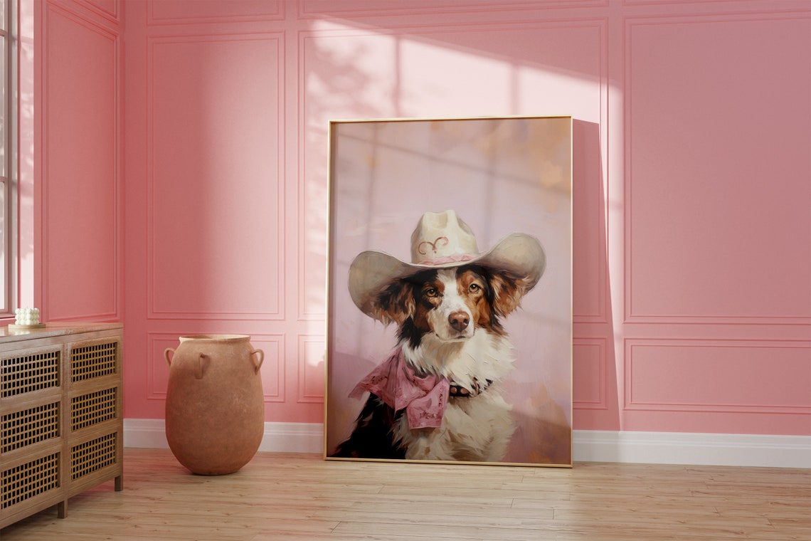 Brown and White Dog Cowboy Hat Portrait Blush Pink Wall Poster
