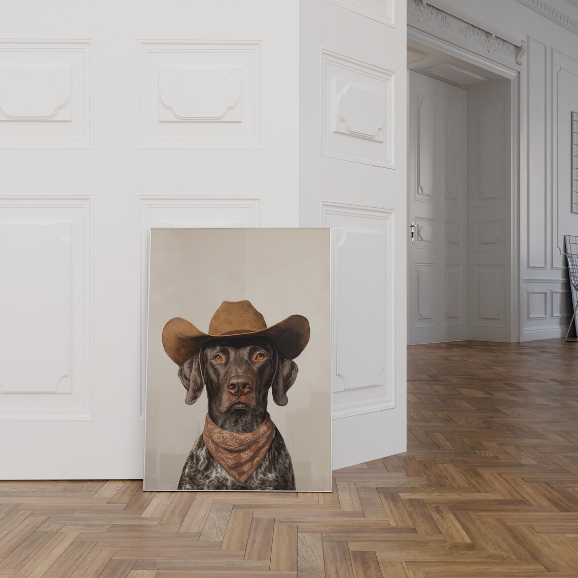German Shorthaired Pointer Dog in Cowboy Hat and Bandana Poster