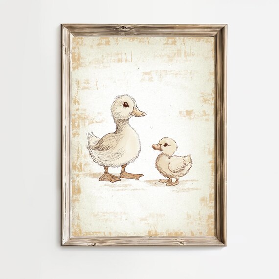 Mother Duck and Duckling Vintage Farmhouse Nursery Sketch Art Print