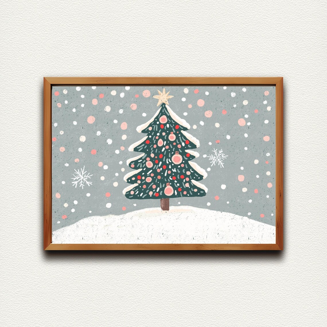 Snowy Christmas Tree Pink Ornaments Star Kids Holiday Winter Print - Image 4