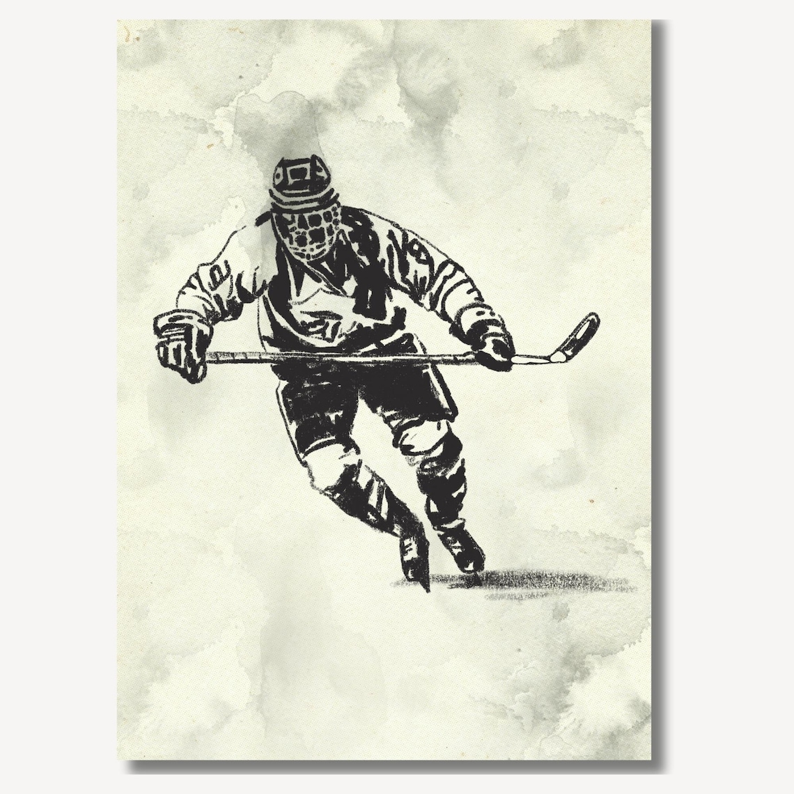 Ice Hockey Player Skating in Action in Vintage Ink Art Poster - Image 2