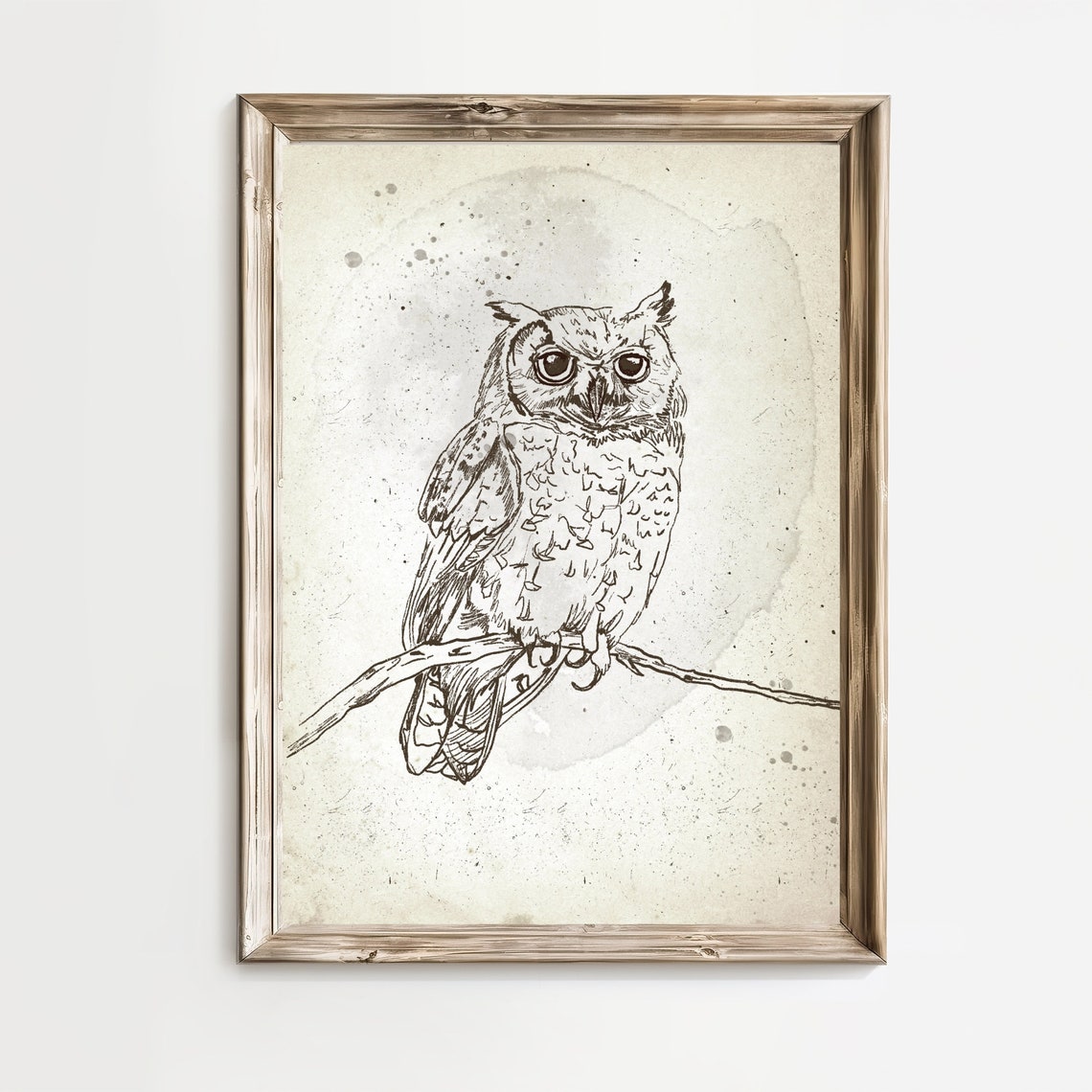 Great Horned Owl Perched On Branch Sketch Woodland Art Poster