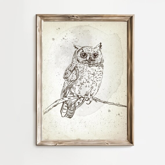 Great Horned Owl Perched On Branch Sketch Woodland Art Poster
