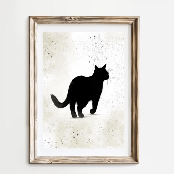 Black Cat Strolling in Profile Ink Art Minimalist Style Poster