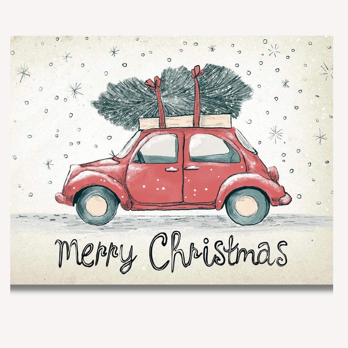 Red Vintage Car Carrying Christmas Tree Merry Christmas Print - Image 2