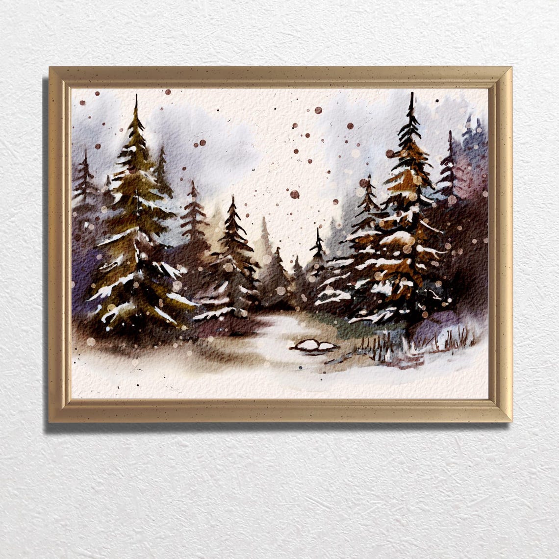 Snowy Evergreen Forest Brown Watercolor Winter Holiday Poster - Image 3