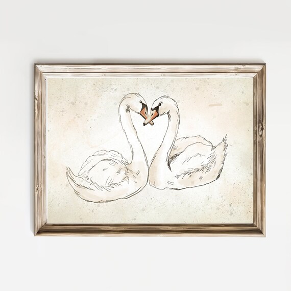 Swans with Necks Forming Heart Romantic Sketch Decor Art Print