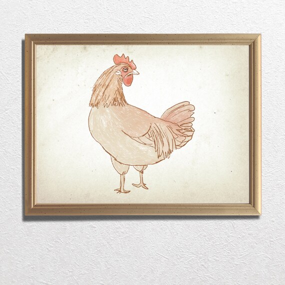 Chicken Hen Antique Ink Sketch Neutral Farmhouse Nursery Poster