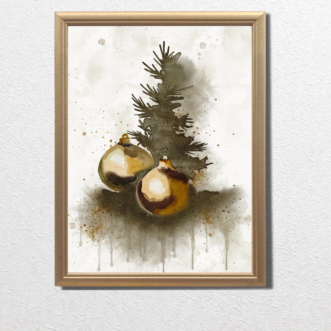 Gold Christmas Ornaments And Evergreen Sprig Watercolor Holiday Poster - Image 3