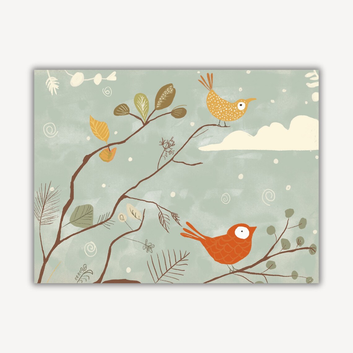 Two Cute Birds on Branches Teal Nursery Illustration Art Print - Image 2