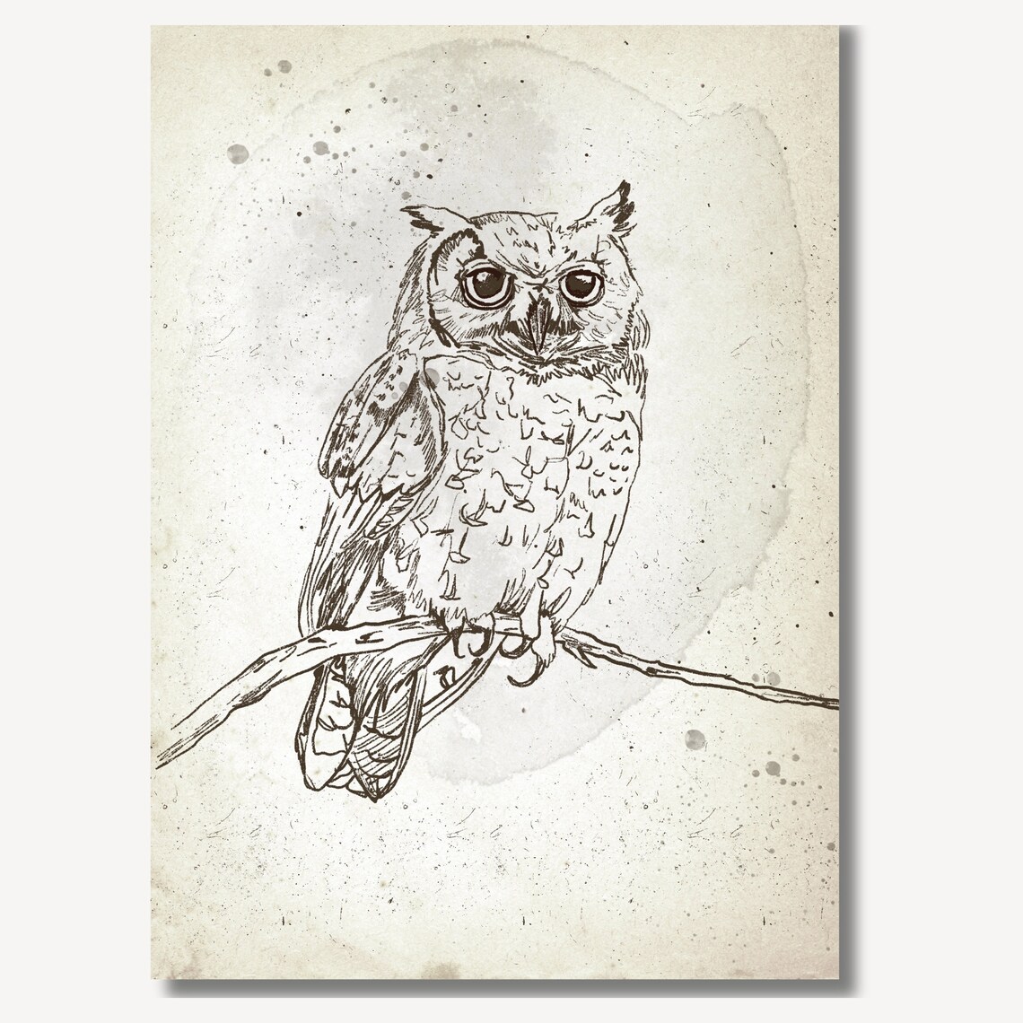 Great Horned Owl Perched On Branch Sketch Woodland Art Poster - Image 2