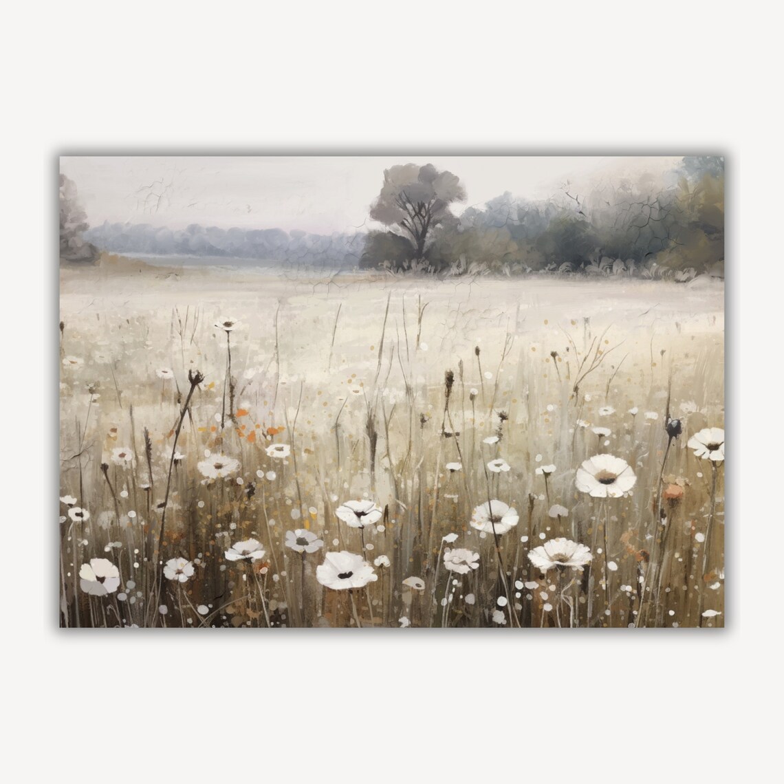 White Wildflowers Misty Meadow Vintage Landscape Oil Painting Poster - Image 2