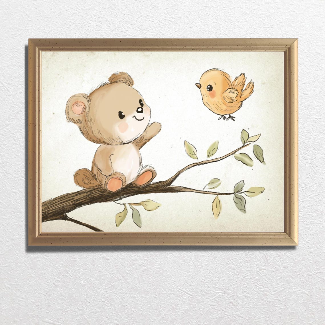 Sweet Bear Cub Waving to Yellow Bird Branch Nursery Wall Art - Image 3