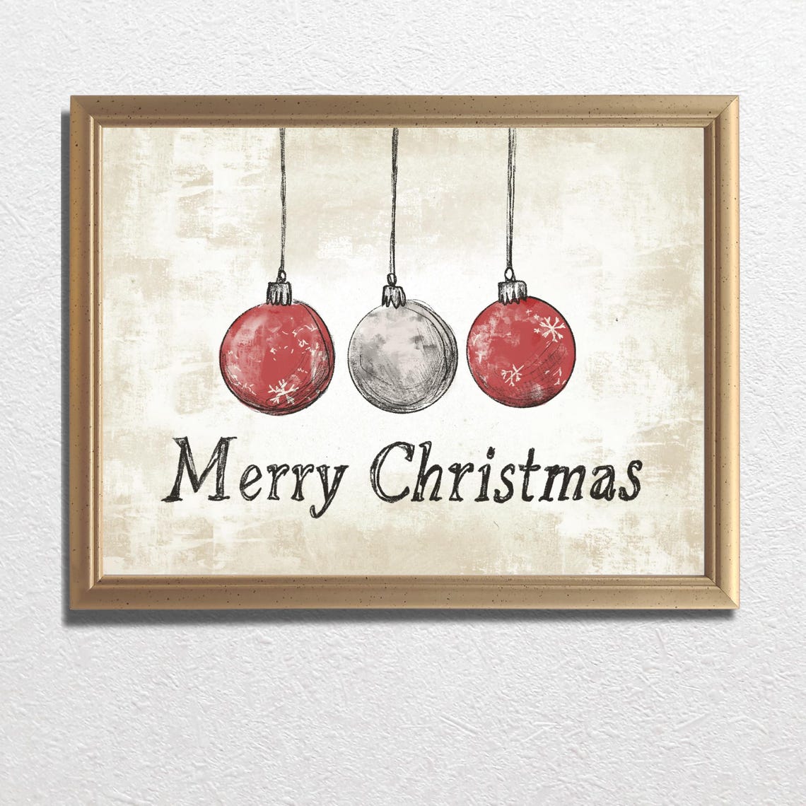 Three Hanging Christmas Ornaments Merry Christmas Script Poster - Image 3