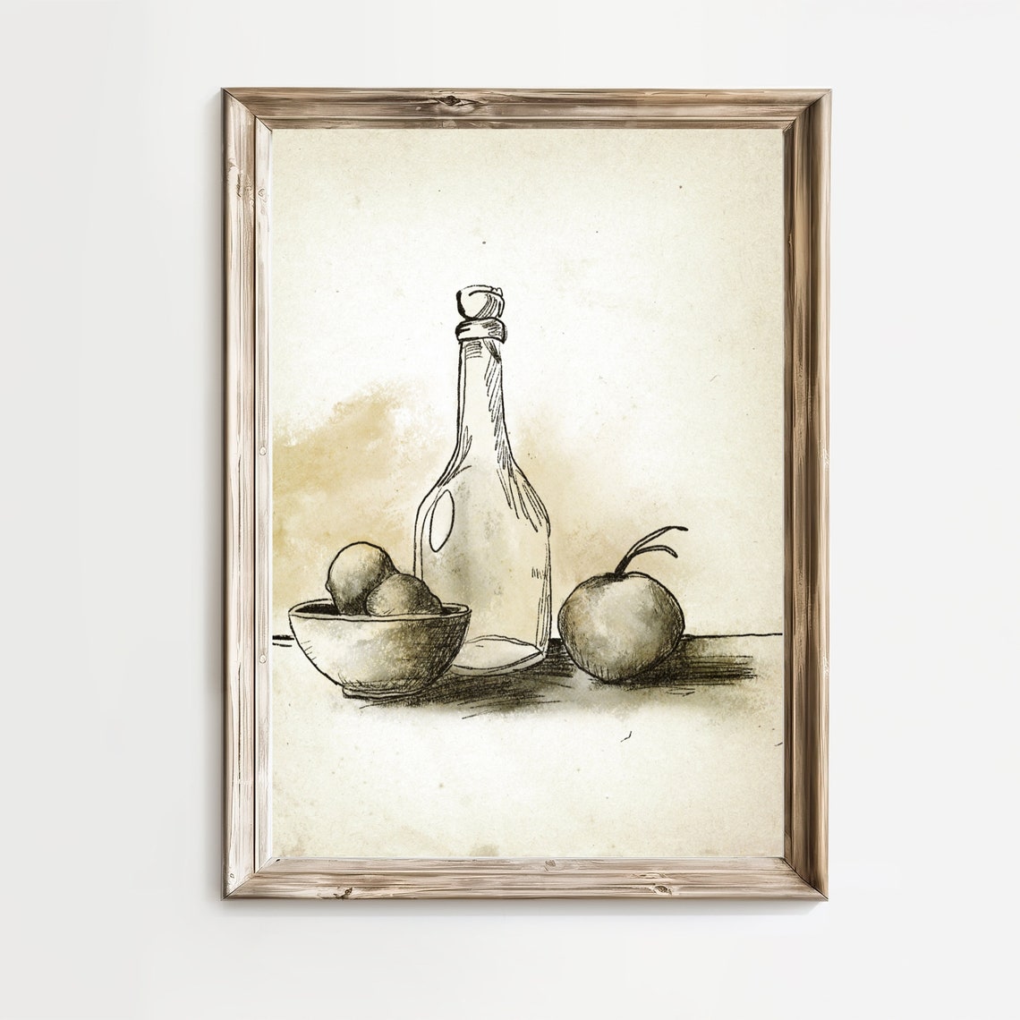 Vintage Still Life Sketch Bottle Bowl Fruit Neutral Kitchen Poster