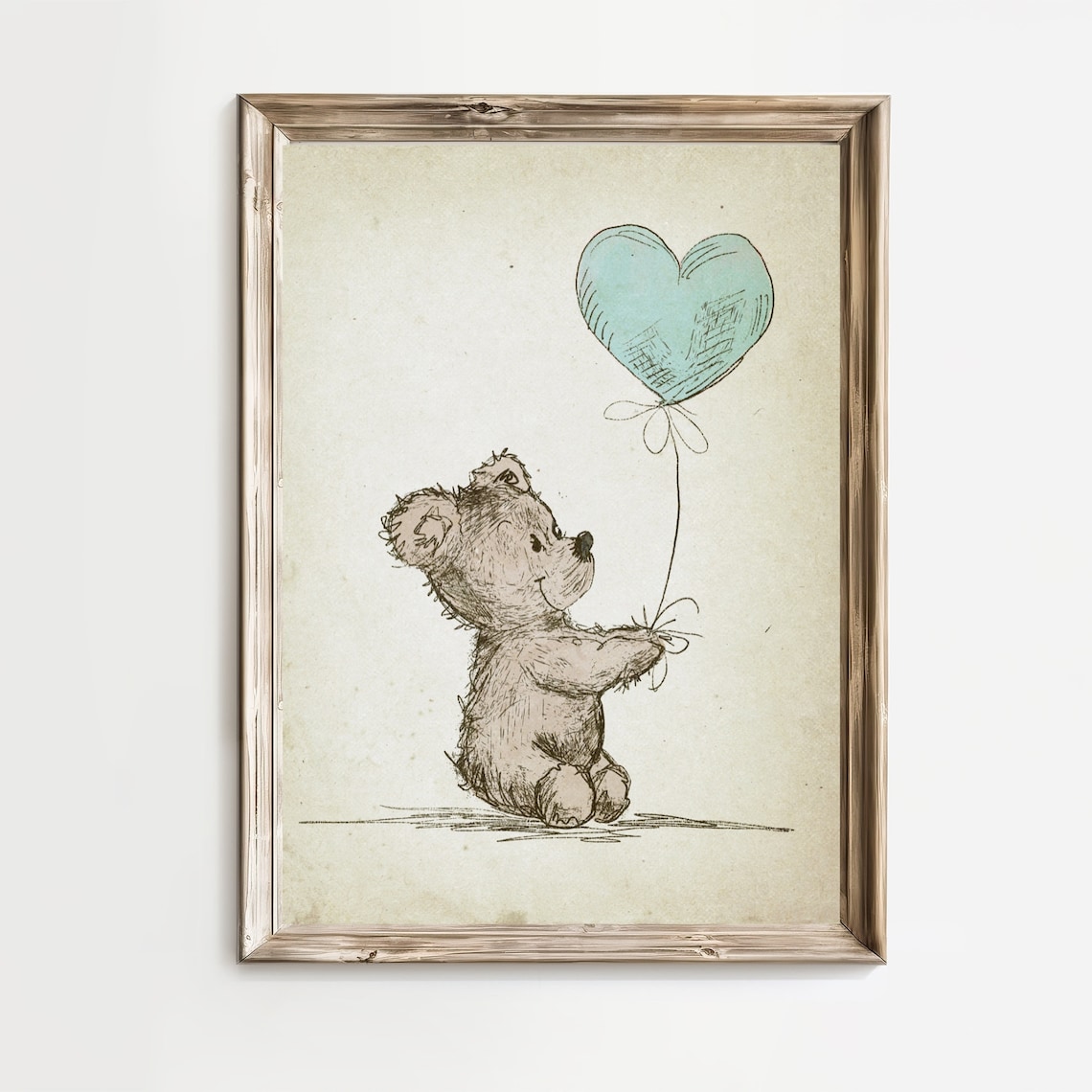 Vintage Teddy Bear Holding Blue Heart Balloon Nursery Art Print - Image 2