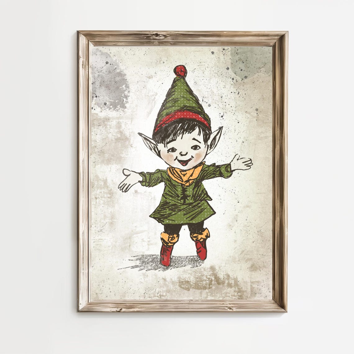 Cheerful Christmas Elf Boy With Pointed Ears Vintage Art Poster