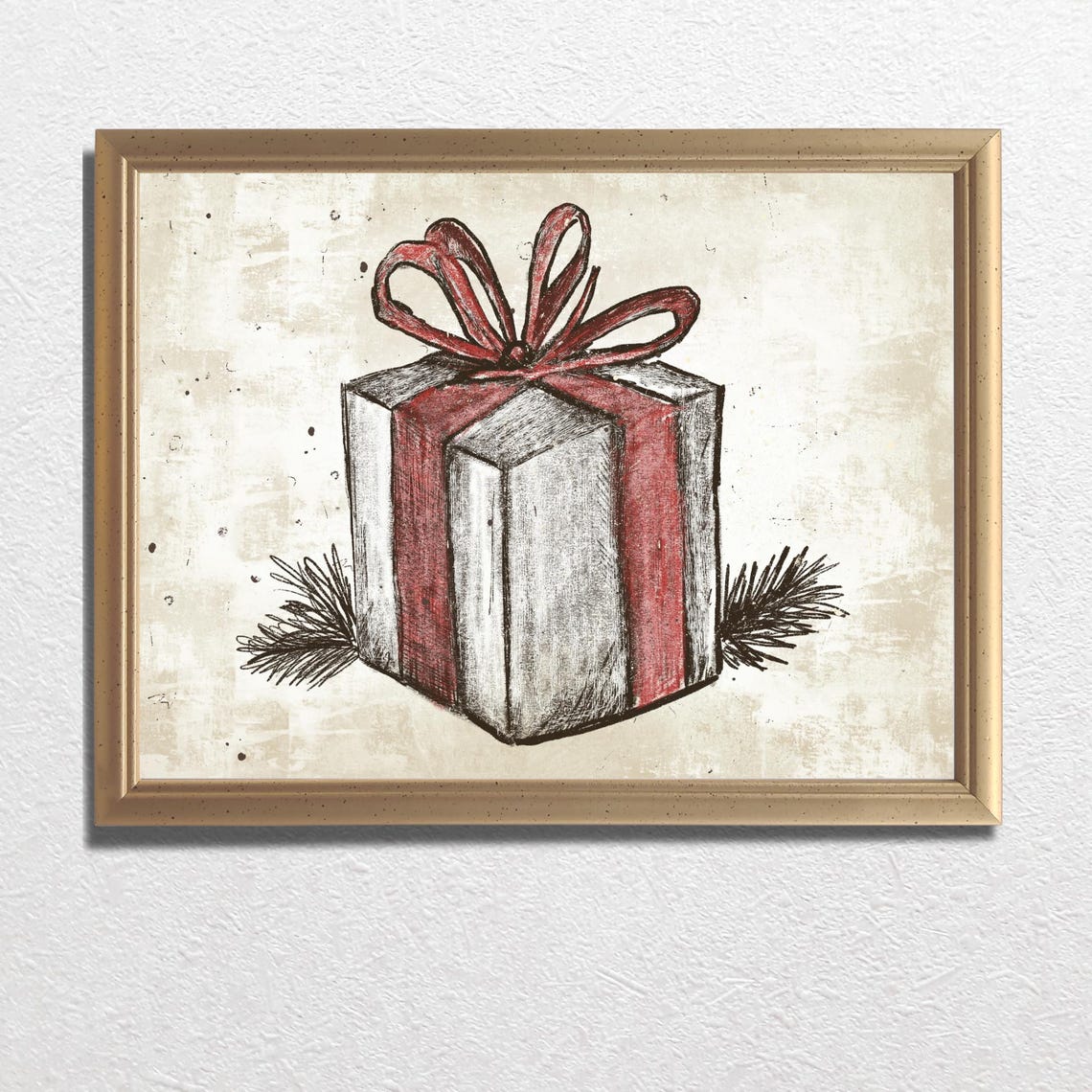 Wrapped Gift Box With Big Red Ribbon Bow Vintage Christmas Poster - Image 3