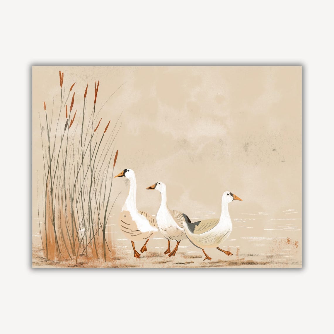 Three White Geese Waddling By Tall Reeds Neutral Toned Wall Art - Image 4