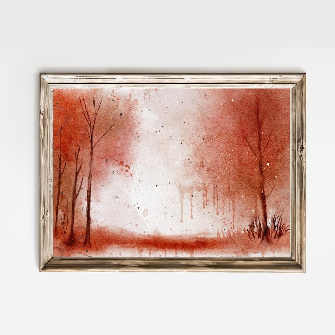 Red Autumn Forest Watercolor Bare Trees Misty Fall Landscape Poster
