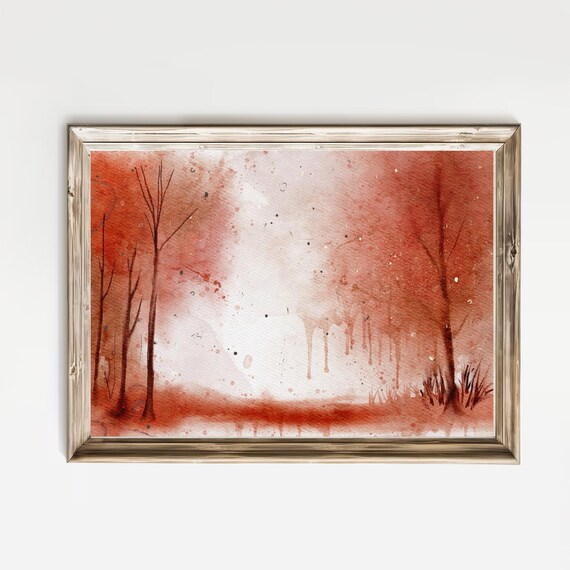 Red Autumn Forest Watercolor Bare Trees Misty Fall Landscape Poster