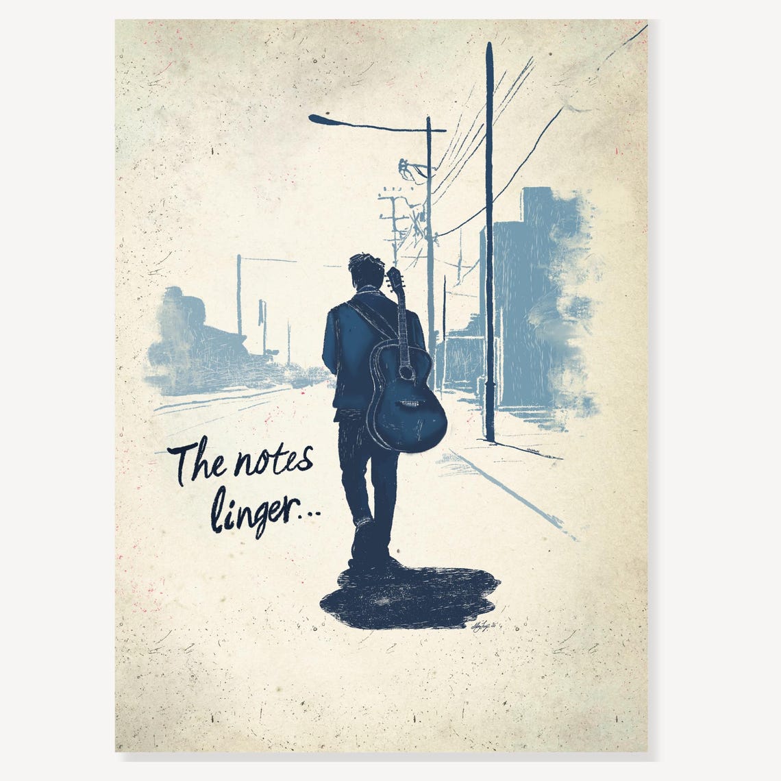 The Notes Linger Guitar Player Blue City Street Sketch Wall Art - Image 2