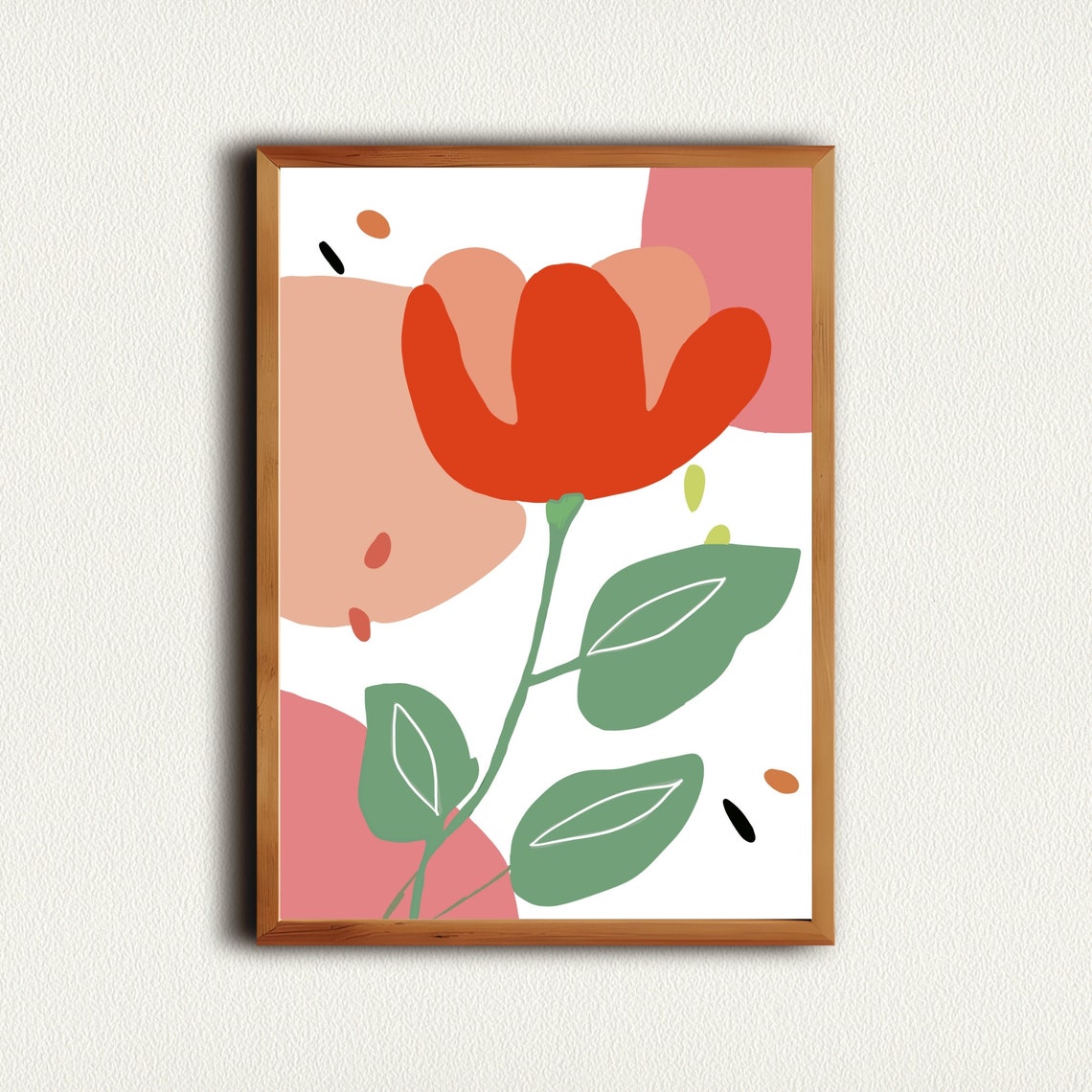 Bold Red-Orange Poppy Abstract Bloom Green Leaves Floral Poster - Image 2