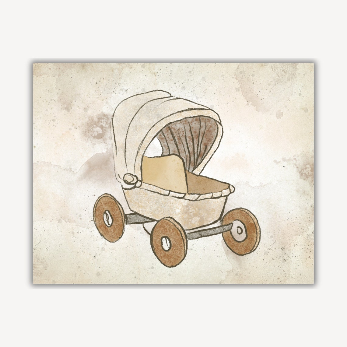 Victorian Baby Pram Watercolor Illustration Neutral Nursery Poster - Image 2