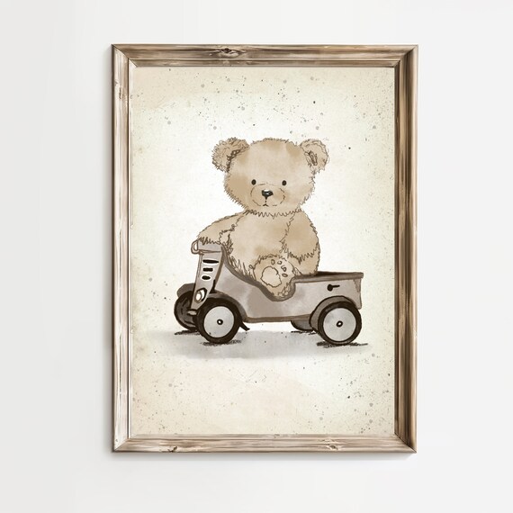 Teddy Bear Driving Vintage Car Sketch Nursery Toy Art Poster